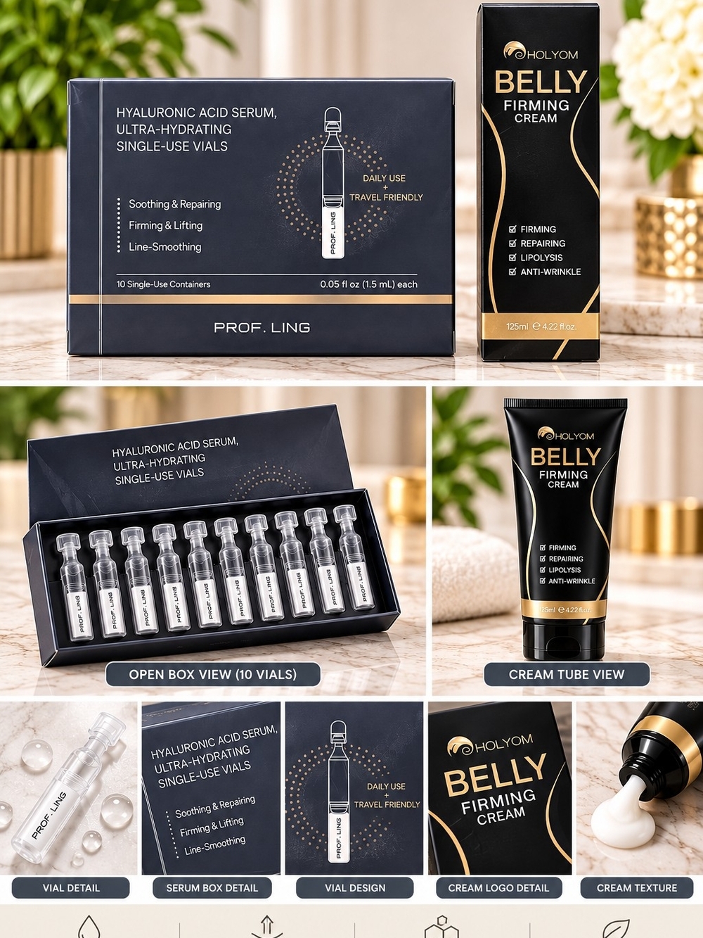HOLYOM Belly Firming Cream + PROF. LING Hyaluronic Vials — Black & Gold